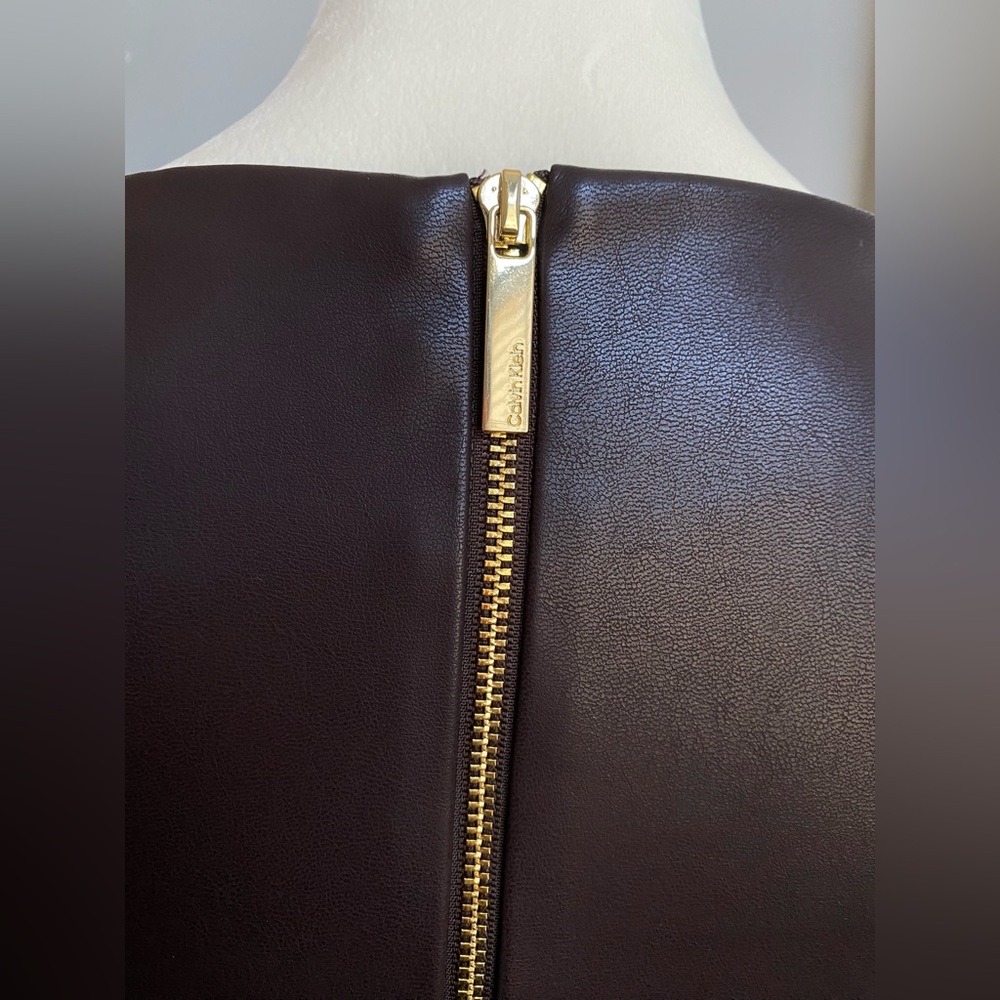 NWT Calvin Klein Belted Faux Leather Sheath Dress - Espresso Brown - Picture 10 of 16